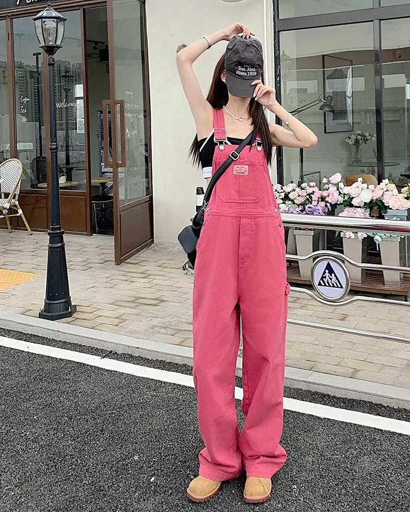 XS-XL jean womens 2022 Summer Preppy Style loose Girls Pink wide leg trousers jumpsuit korean casual denim overalls womens(78891 - Matrix Studios