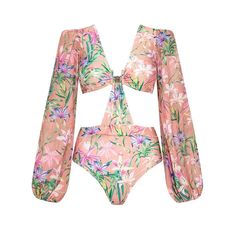 Women Swimwear Summer Floral Printed V-neck Swimsuit One-piece Bodysuit Bikini Set Beach Style Wear Maxi Dress Skirt Vacation - Matrix Studios