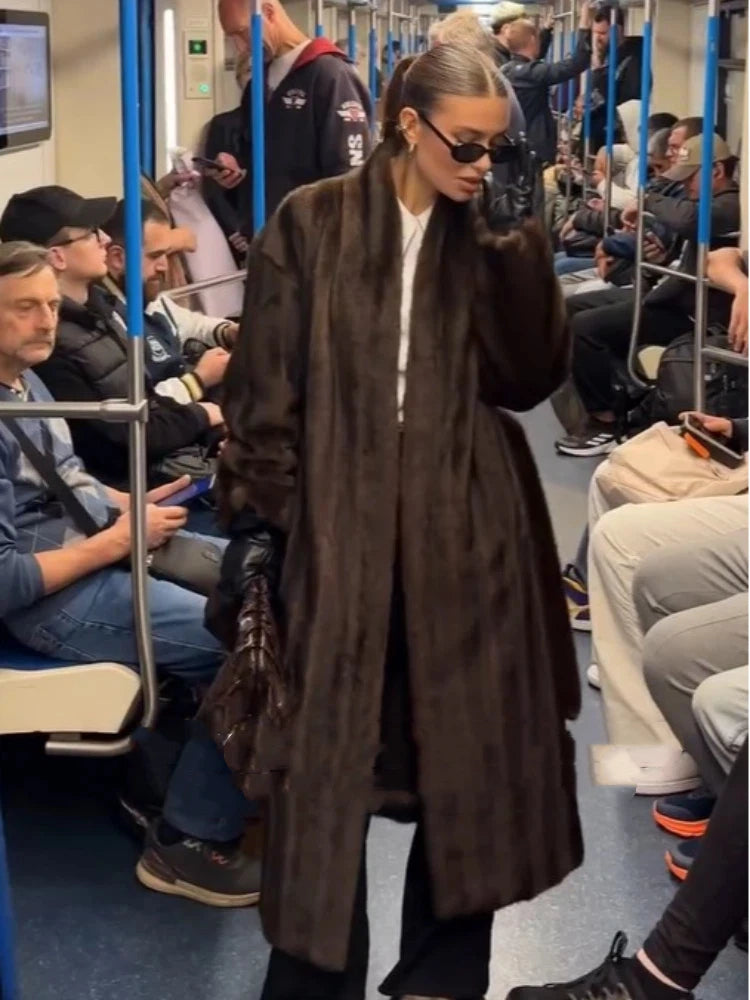 Brown Long Faux Fur Coat Women Fashion Full Sleeve Fluffy Loose Lace Up Overcoat 2025 Winter Lady Daily High Street Outwear - Matrix Studios