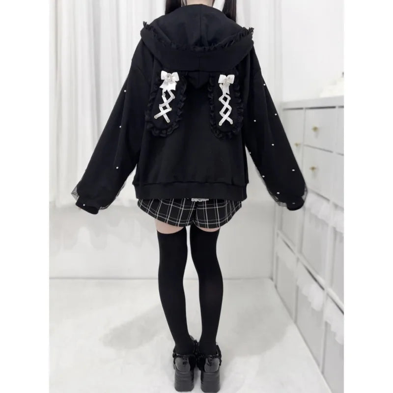 Bunny Hoodie Hoodies Y2K Rabbit Ear Hoodie Lolita Jacket Bow Girls Pearl JK Japan Lace Kawaii Zipper Cardigan Long Sleeved Top - Matrix Studios