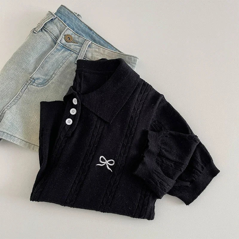 2026 Sweet Bow Embroidered Knitted Women Tops Summer New Korean Fashion Slim Polo Shirt Knitted Short Sleeve T-shirt - Matrix-studios.com