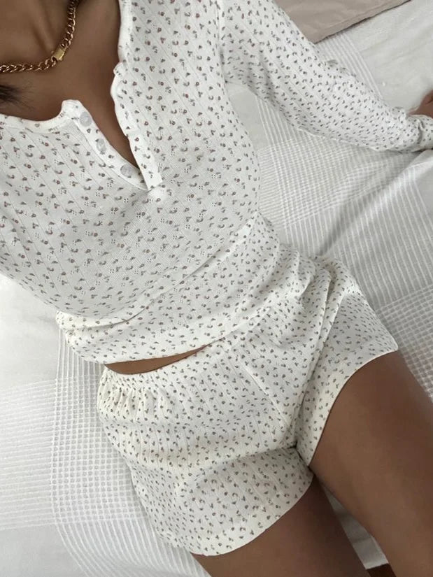 Eyelet Buttons White Long Sleeve T-shirt Shorts Set Woman Slim Tees+Elastic Straight Sweatshort Cotton Home Pajama 2 Piece Sets - Matrix-studios.com
