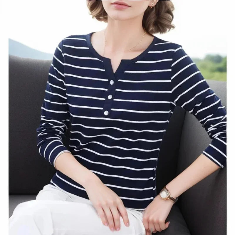 Women Spring Autumn Style Blouse shirts Tops Lady Casual Long Sleeve Striped Printed V-Neck Tops Tee - Matrix-studios.com