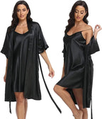 Women's Silk Satin Pajamas 2Pcs Sexy Silky Pj Robe Set with Chemise Nightgown - Matrix-studios.com