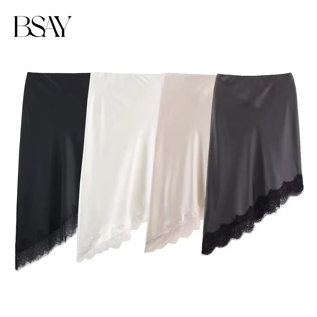 BSAY Lace Asymmetry Satin Texture Skirt Women Fashion Autumn Winter New Solid Chic Female High Waist Elegant Skirts Mujer - Matrix-studios.com