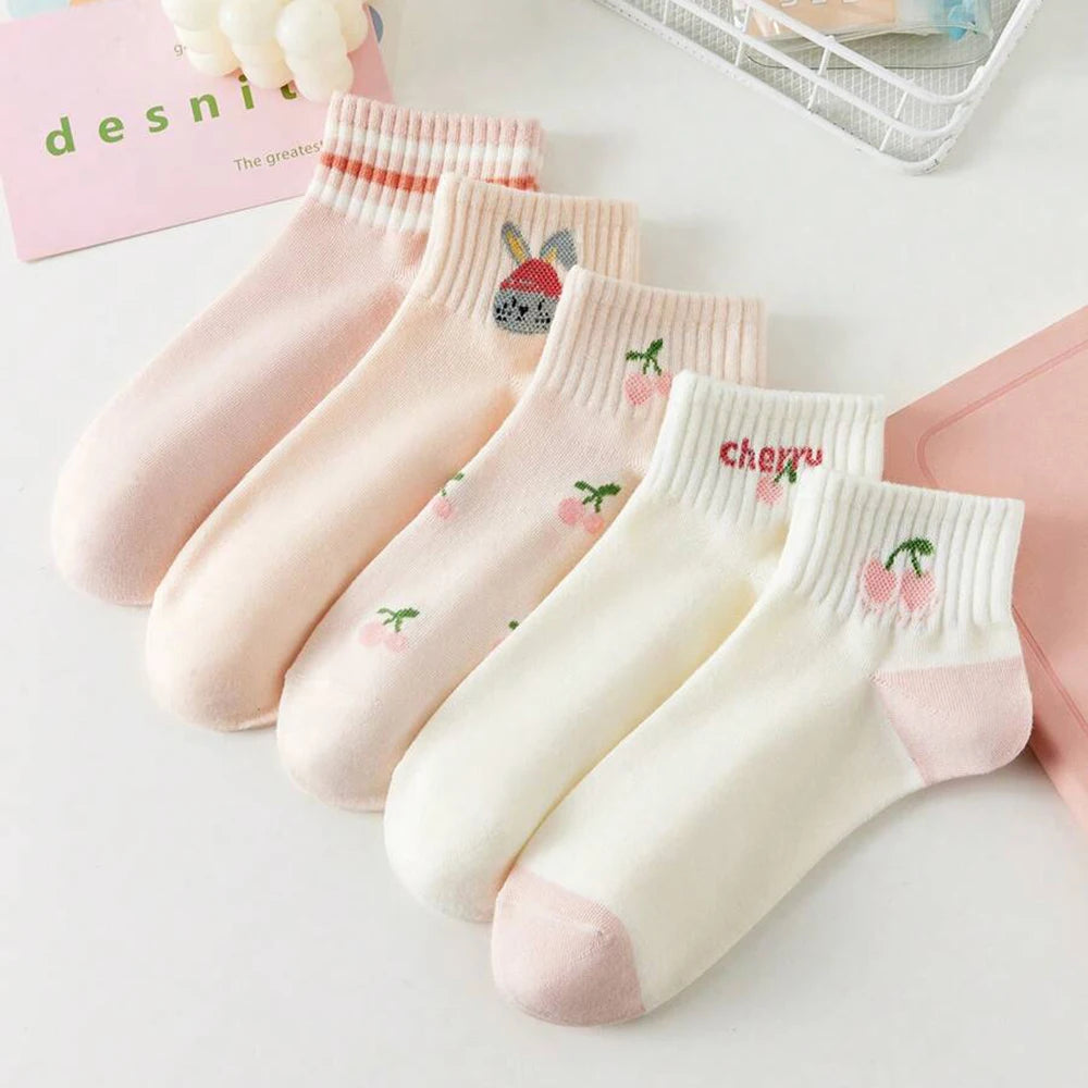 5/10 Pairs Women Striped Ankle Socks Fashionable Breathable Comfortable Spring Summer Cute Pink Fruit Pattern Casual Socks - Matrix Studios