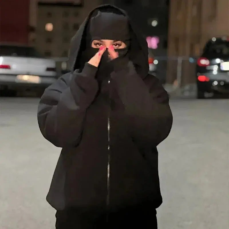 Men and women Y2K Gothic Harajuku winter new item double hooded sweatshirt men's hooded mask zipper sportswear - Matrix Studios
