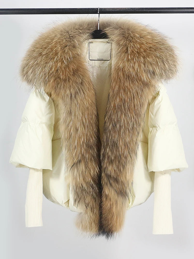 Loose Natural Real Fox Fur Collar Coat Thick New European Fashion White Duck Down Jacket Winter Women Warm Luxury Outerwear - Matrix Studios