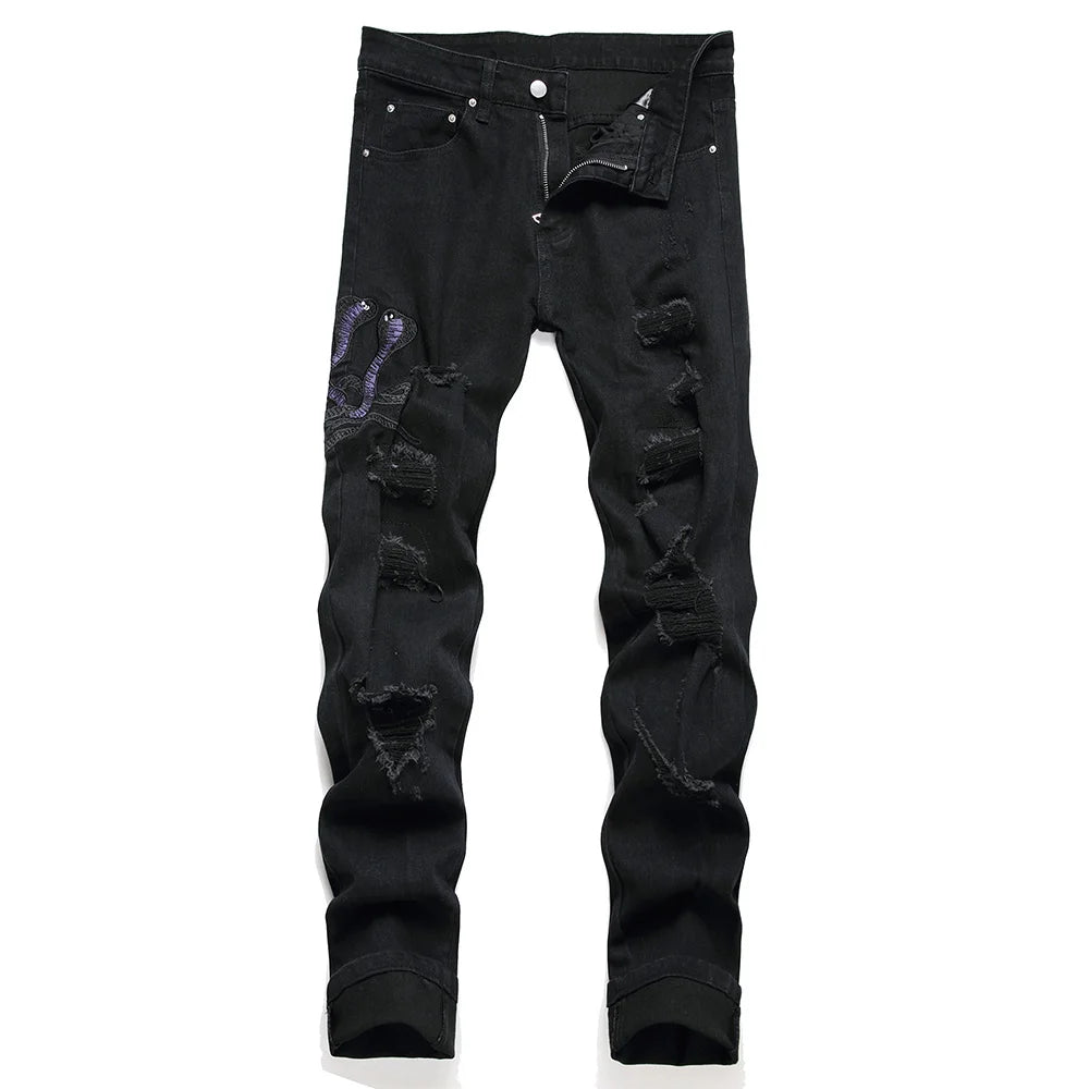 Men Snake Embroidery Jeans Streetwear Black Stretch Denim Pants Holes Ripped Distressed Slim Straight Trousers - Matrix Studios