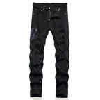 Men Snake Embroidery Jeans Streetwear Black Stretch Denim Pants Holes Ripped Distressed Slim Straight Trousers - Matrix Studios