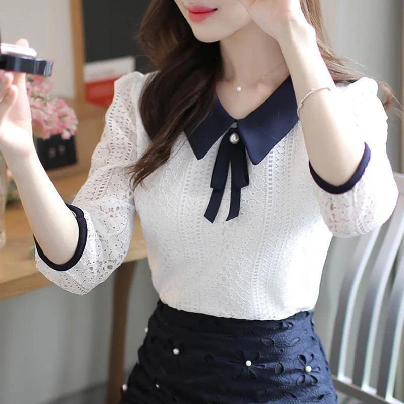 Women's Spring Autumn Style Lace Blouses Shirt Women Peter Pan Collar Solid Color Half Sleeve Elegant Lace Tops SP8676 - Matrix-studios.com