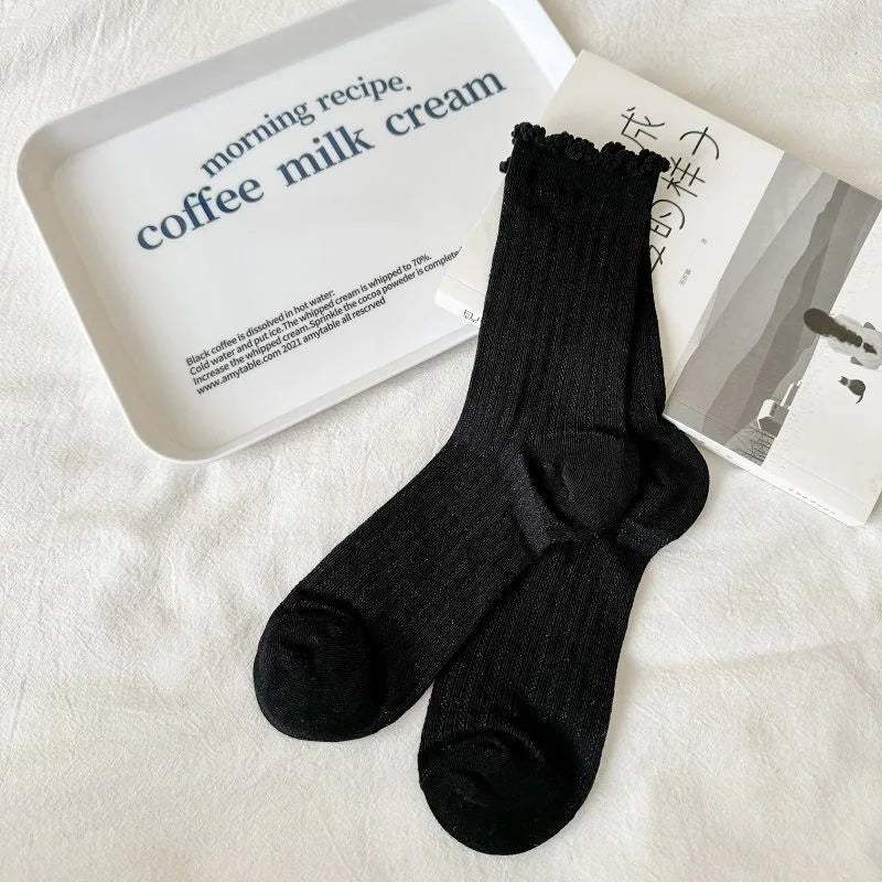 5 Pairs/Lot Women Hollow Mesh Tube Socks Ear Fungus Edge Socks Ins Trendy Spring Summer Loose Mouth Thin Style Girls Pile Socks - Matrix Studios