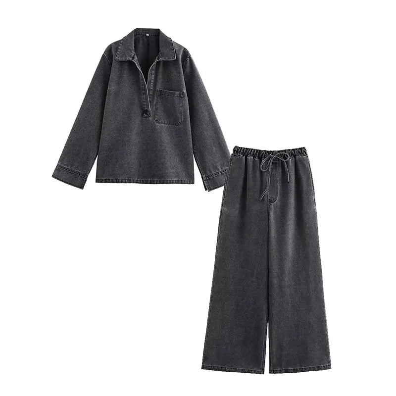 2024 Autumn Jeans Sets Women Turn-down Collar Casual Top Fashion High Waist Streetwear Female Denim Pant Two Piece Set - Matrix-studios.com