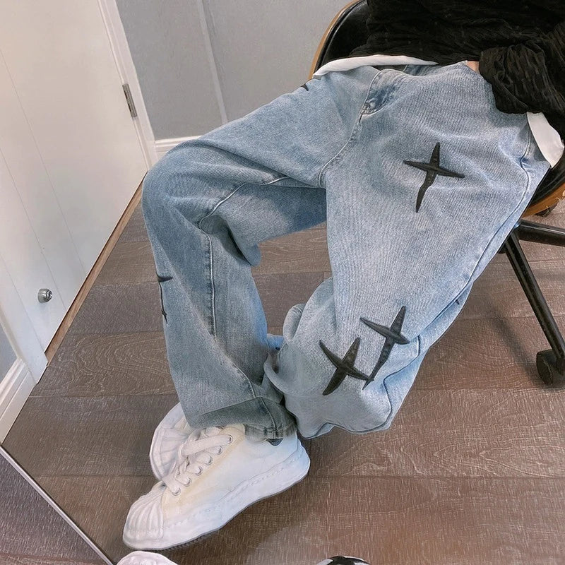 Prints Jeans Men 2023 New Streetwear Baggy Wide Leg Jeans Korean Fashion Drapes Straight Casual Loose Denim Cargo Pants - Matrix Studios