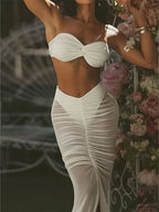 2Pcs Sexy Casual Skirt For Women Solid Color Bra Tops Pleated Long Skirt Matching Beach Vacation Party High Waist Slit Set - Matrix-studios.com