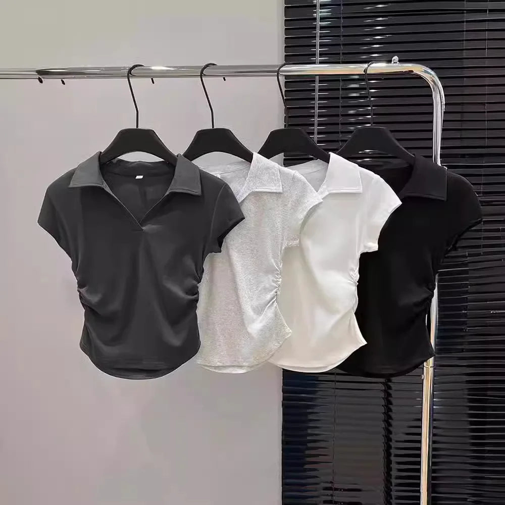 Cotton Summer Sexy Women's T Shirt Skinny Slim Basic Solid Crop Top Short Sleeve Polo TShirtCasual Top Tee for Women - Matrix-studios.com