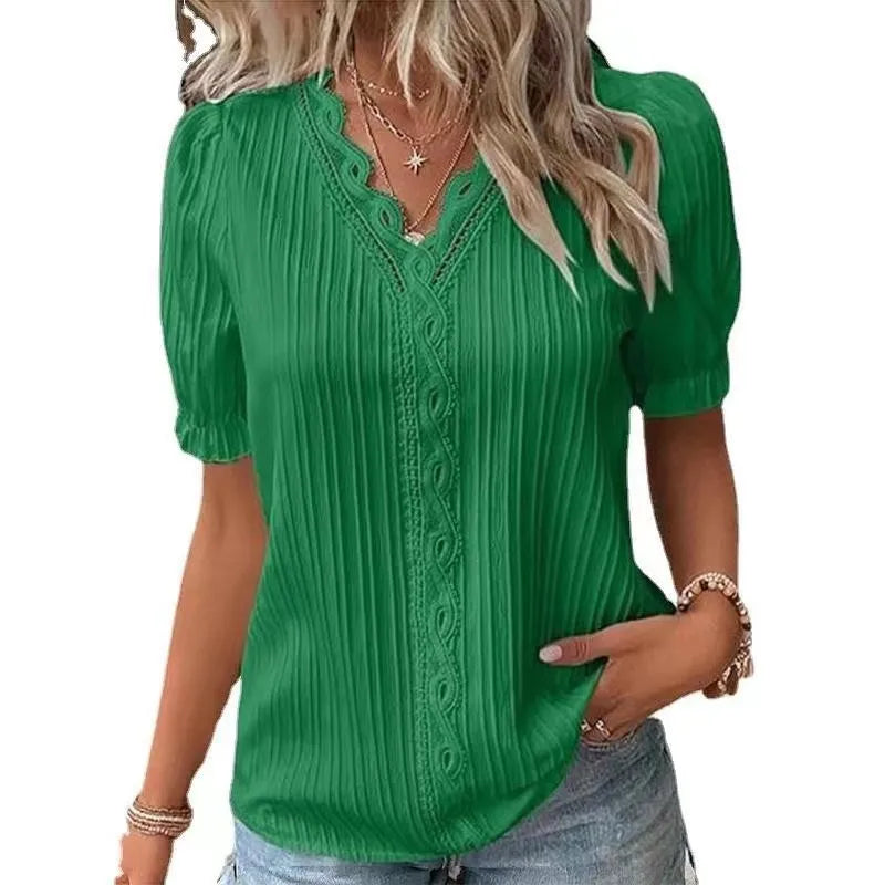 Women's Lace Stitching Shirt Summer Loose V Neck Short Sleeve Pullover Chiffon Shirt Solid Top Simple Elegant Street Blouse - Matrix-studios.com