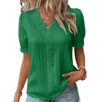 Women's Lace Stitching Shirt Summer Loose V Neck Short Sleeve Pullover Chiffon Shirt Solid Top Simple Elegant Street Blouse - Matrix-studios.com
