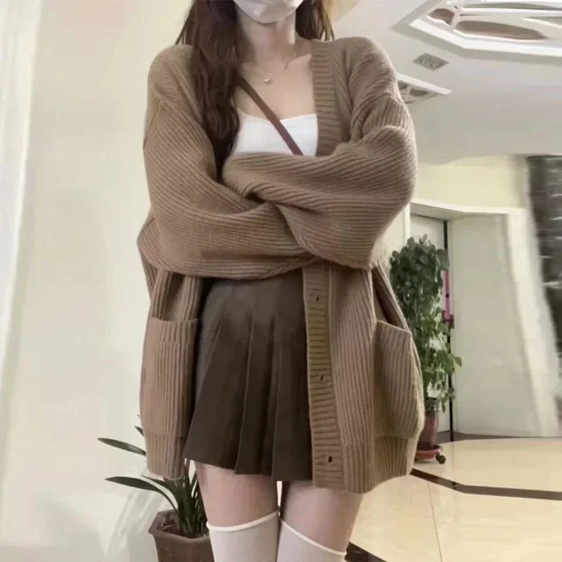 Korean College Style Single Breasted Cardigans Loose and Lazy V-neck Big Pocket Knitted Cardigan Women's Popular Coat Sweater - Matrix Studios