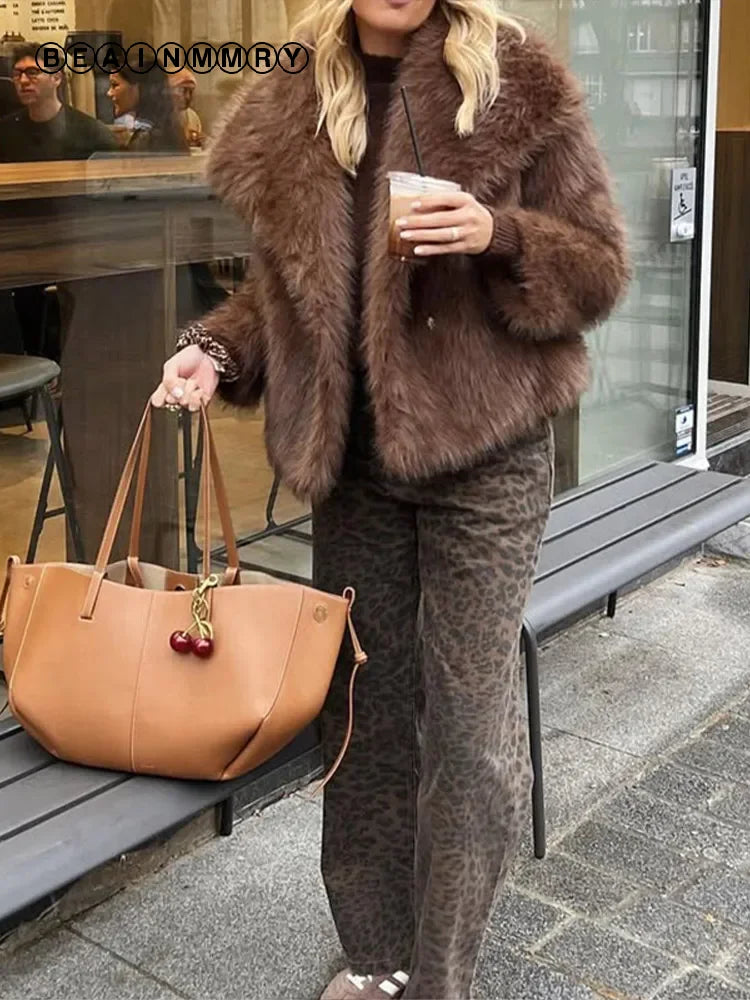 Brown Fluffy Fur Jacket Women's Casual Lapel Loose Long Sleeves Thicken Warm Short Coat 2025 Winter New Lady Commute Streetwear - Matrix Studios