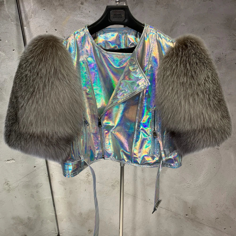 Leather Fur Jacket Natural Fur Sleeve Ladies Short Leather Jacket Real Fox Fur Sleeve Coat Women Autumn 21001-1 - Matrix Studios