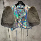Leather Fur Jacket Natural Fur Sleeve Ladies Short Leather Jacket Real Fox Fur Sleeve Coat Women Autumn 21001-1 - Matrix Studios