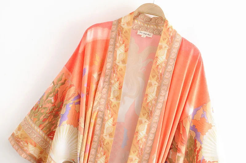 Boho Queens Vintage Chic Fashion Women Floral Print Bat Sleeve Bohemian Kimono Ladies V Neck Summer Beach Robe Bikini Cover-ups - Matrix Studios
