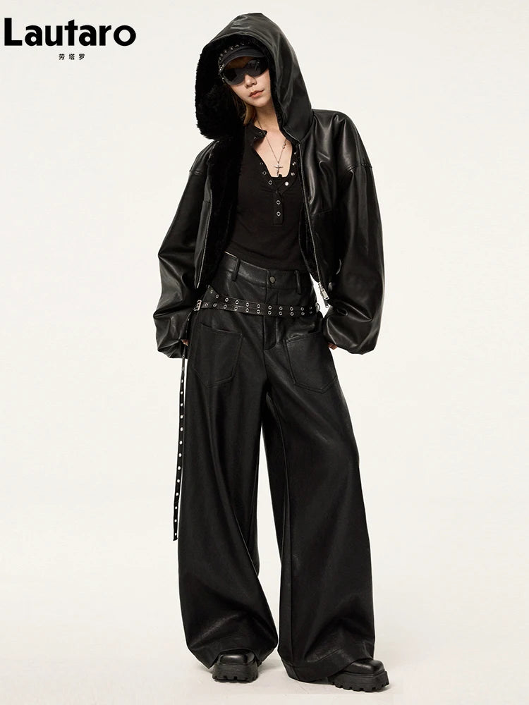 Lautaro Spring Autumn Cool Warm Thick Oversized Black Short Reversible Soft Pu Leather Jacket Hoodie Women with Faux Fur Inside - Matrix Studios