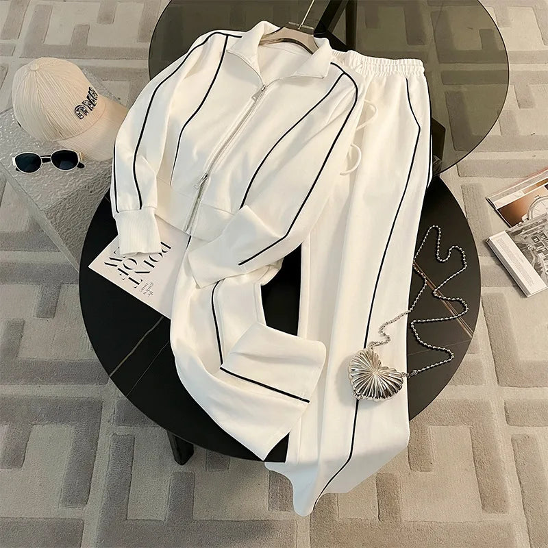 Woman's Color Blocking Sportswear Set Spring Autumn Fashion Flip Collar Zipper Coat Long Pants Two-piece Set Lady Leisure Outfit - Matrix-studios.com