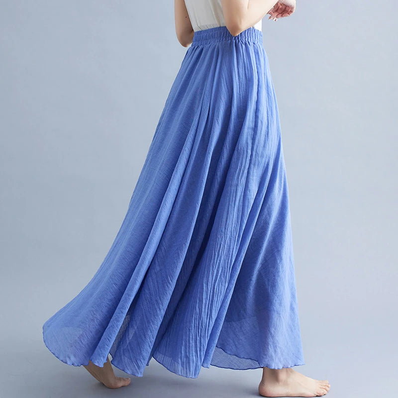 28-Color Mori Girl Literary Cotton Linen Dress Elastic Waist A-line Expansion Skirt Solid Color Ethnic Style Women Long Skirts - Matrix-studios.com