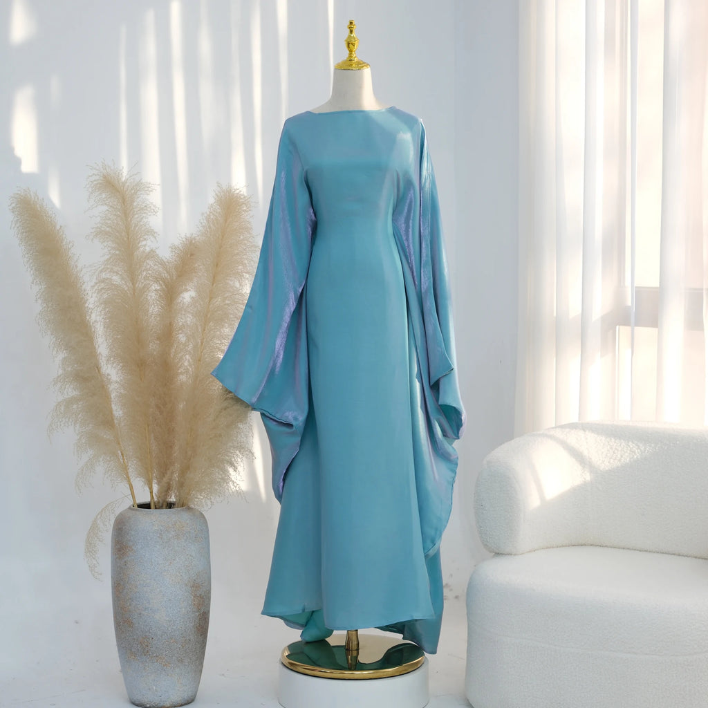 Ramadan Eid Evening Party Shiny Kaftan Dress for Women, Butterfly Sleeves Round Neck Muslim Women Abaya Dubai Islamic Clothing - Matrix-studios.com