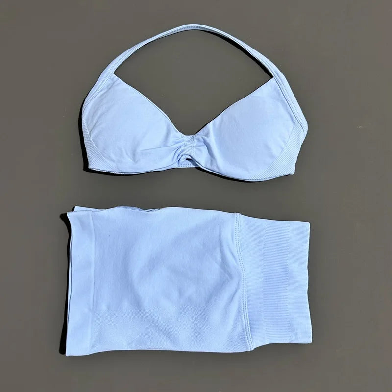 HISTELLO Gym Set 2 Piece Women Strappy Yoga Bra Top Workout Scrunch Shorts Sports Suit Fitness Clothes Seamless Yoga Set - Matrix-studios.com