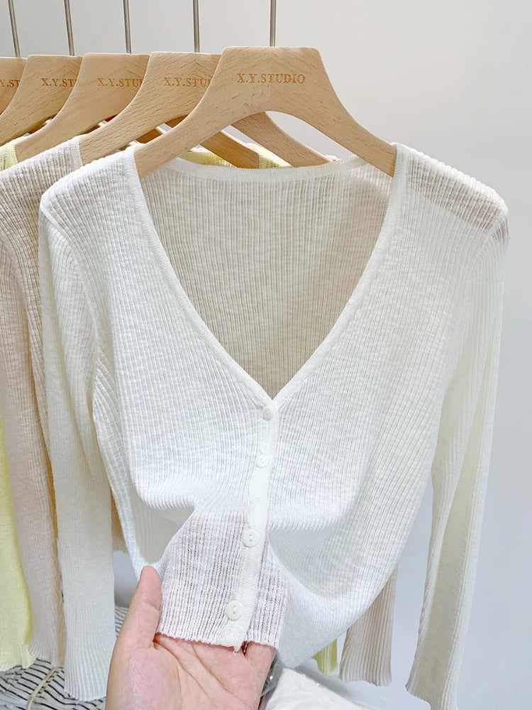 2026 Summer Thin Air Conditioning Blouse Ice Silk Knit Sun Protection Women Cardigan Solid Color Casual Short Shawl Outerwear - Matrix Studios