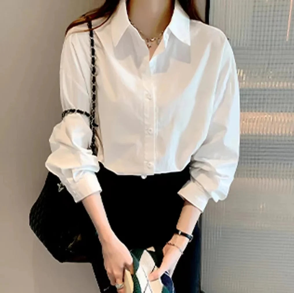White Blouse Ladies' 2023 Autumn's new Korean-style Long-sleeved Casual Office Lady Shirt Loose Women Clothes Top Simple Shirts - Matrix-studios.com