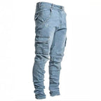 Men Street Elastic Denim Jeans Wash Solid Color Multi Pockets Cargo Pants Casual Slim Fit Daily Wear Joggers Mid Waist Trousers - Matrix Studios