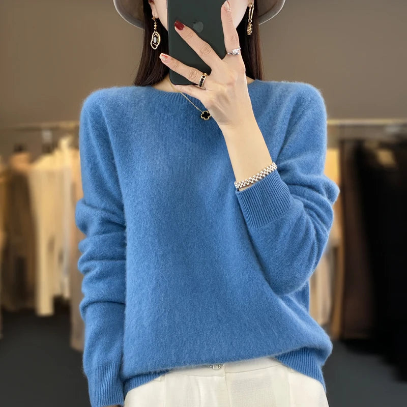 100% Merino Wool Sweater Women O-neck Cashmere Knitwear Female Pullover Autumn Winter Casual Tops Solid Color Soft  Clothing - Matrix Studios