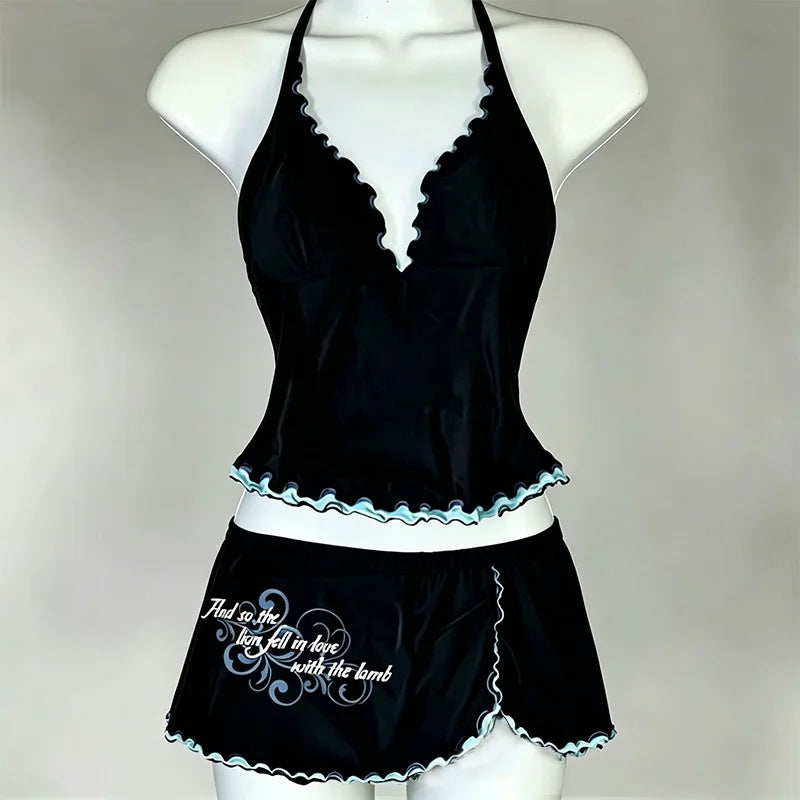 Y2K Vintage Halter Tankini Skirt Bikini Set Summer Vacation Black Ruffle Edge Letter Print Bathing Suit Women Sexy Beachwear For - Matrix-studios.com