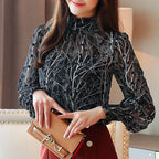 Women Chiffon Blouses 2023 Casual Stand Collar Floral Women Clothing Long Sleeve Printed Shirt Women Tops Chemise Femme 6197 - Matrix-studios.com