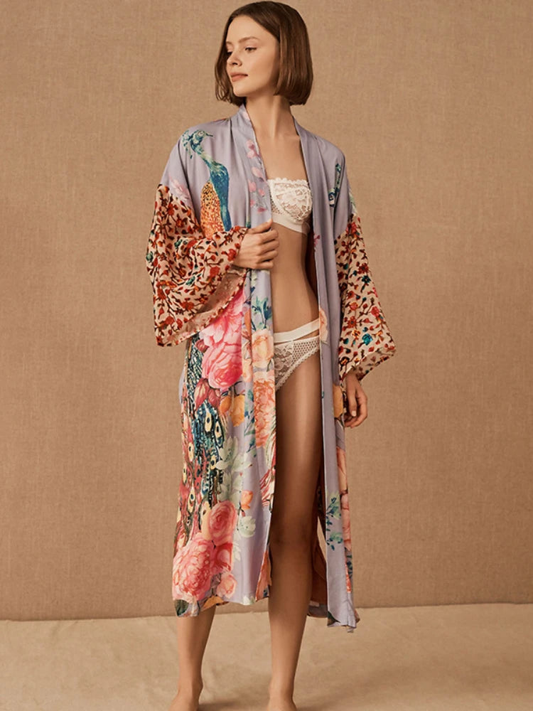 Beach Kimono for Women Peocock Printed Swimsuit Cover Up Self Belted Wrap Dresses Seaside Bathing Suits Beachwear - Matrix Studios