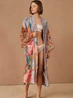 Beach Kimono for Women Peocock Printed Swimsuit Cover Up Self Belted Wrap Dresses Seaside Bathing Suits Beachwear - Matrix Studios