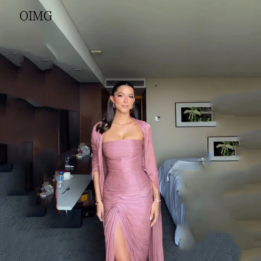 OIMG Glamorous Strapless Mermaid Prom Gowns Cap Sleeves Formal Party Gown Side Slit Floor Length Evening Dress Customized - Matrix-studios.com