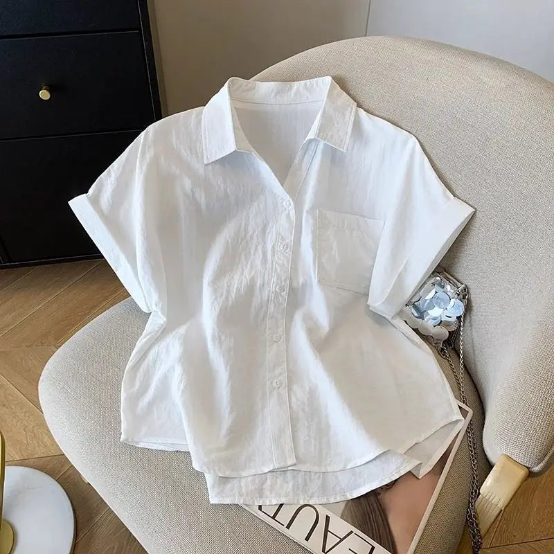 Blue  Neck Short Sleeve Shirt Women's Summer Loose Versatile Super Beautiful Blouse Small Figure Top Easy Care Fabric - Matrix-studios.com