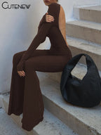 Cutenew Solid Black Sexy Backless Bodycon Wide Leg Jumpsuit Women Autumn Casual Slim Long Sleeve O-Neck Playsuit Lady Streetwear - Matrix Studios