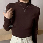 Autumn Winter Mock Neck Women Sweater Vintage Basic Solid Knitted Tops Casual Slim Pullover Korean Sweaters Simple Chic Jumpers - Matrix Studios