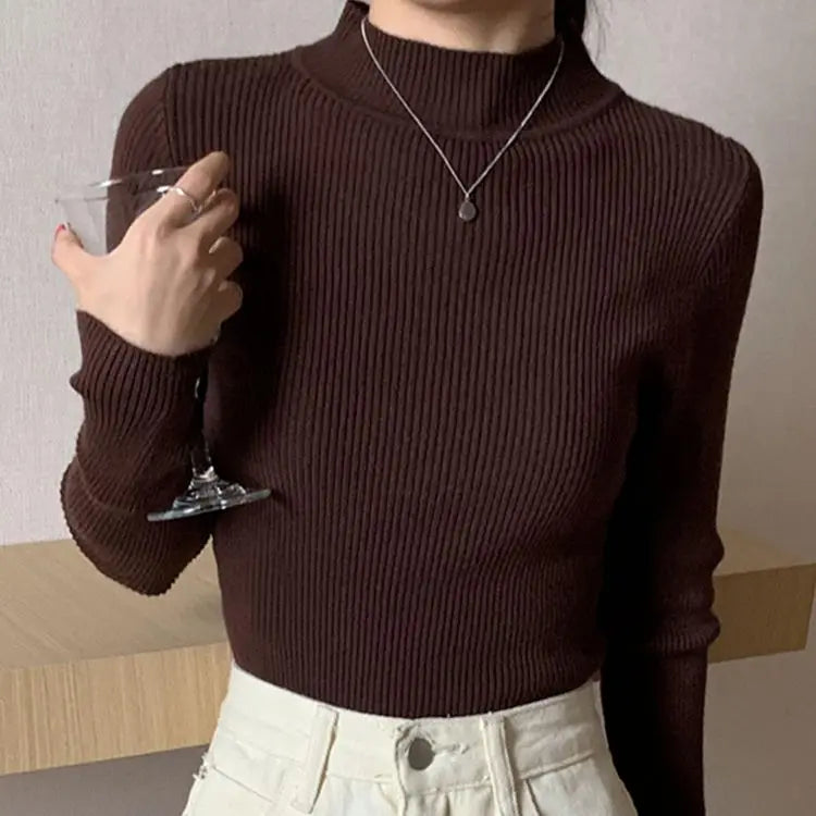 Autumn Winter Mock Neck Women Sweater Vintage Basic Solid Knitted Tops Casual Slim Pullover Korean Sweaters Simple Chic Jumpers - Matrix Studios