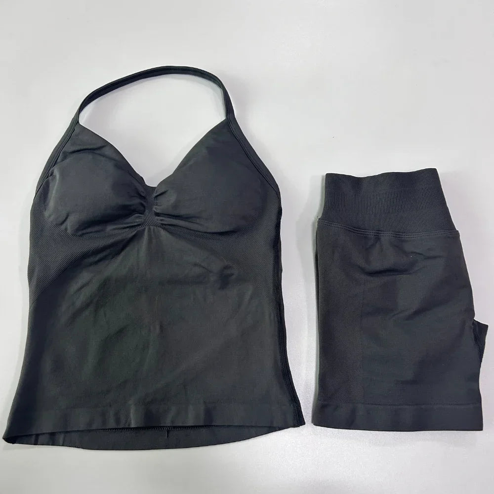 No Logo 2 Pieces Sports Set Women Backless Tank Tops High Waist Scrunch Seamless Shorts Gym Set Sportswear Workout Set Yoga - Matrix-studios.com