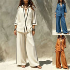 Women 2 Piece Set Contrast Black Piping 3/4 Sleeve Lapel V‑Neck Loose Shirt High Waist Wide Leg Pants Elegant Casual Office Suit - Matrix-studios.com