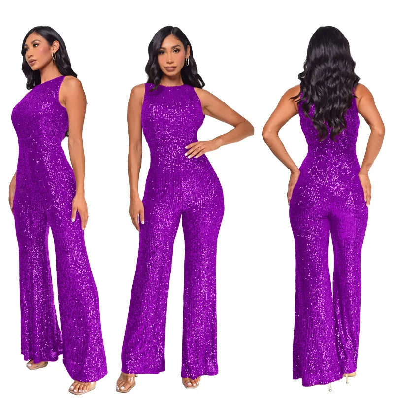 Bling Bling Sequined Club Jumpsuit Sexy Women O-neck Elegant Shiny Sliver Gold Sequins Straight Romper Overalls - Matrix Studios