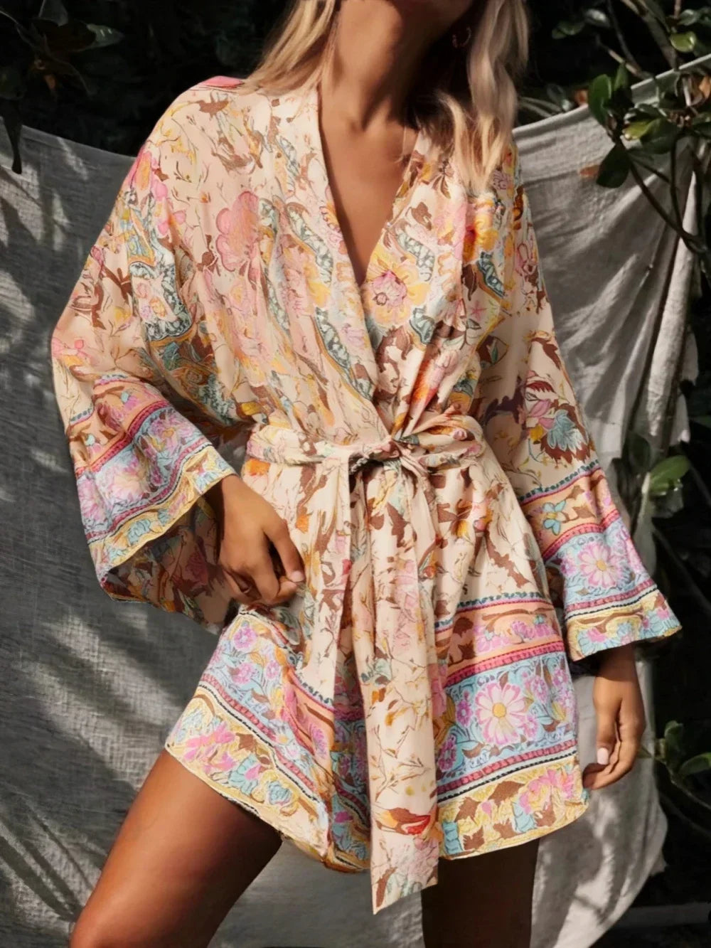 Boho Queens Vintage Peacock Floral Print Sashes Beach Kimono Women Bohemian Wrap Batwing Sleeves Holiday Bikini Cover-ups - Matrix Studios