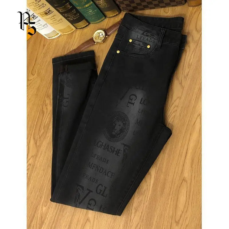 Spring and Autumn Korean Slim Jeans for Men 2025 High-end Luxury Clothing Black Printing Mid-waist Stretch Casual Pencil Pants - Matrix Studios